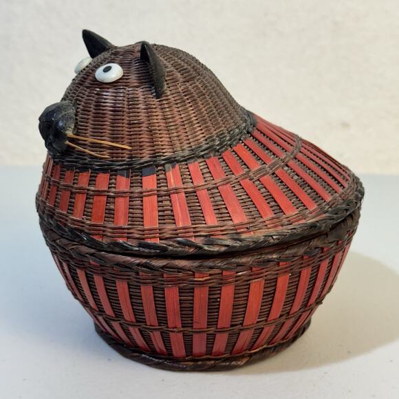 VTG Cat Shaped Woven Wicker Basket Straw Rattan Lidded Trinket Box Boho 6” X 6” - Picture 2 of 6